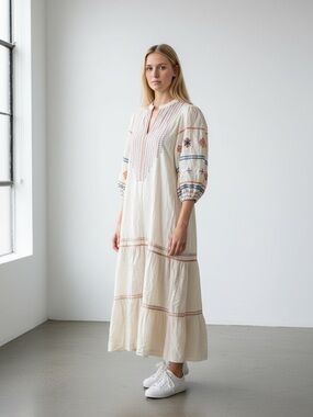 ETHNC‎ Embroidered Cotton Linen Midi Dress Cream Boho Balloon Sleeve Medium
